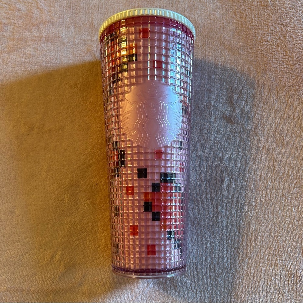 Starbucks 2025 Valentine’s Day pink pixelated heart tumbler textured 24 oz